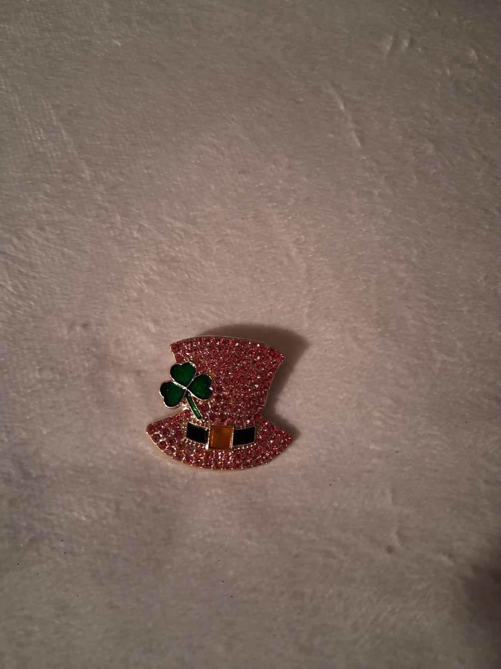 Pink Rhinestone Top Hat Brooch with Green Clover - Fashion Accessory